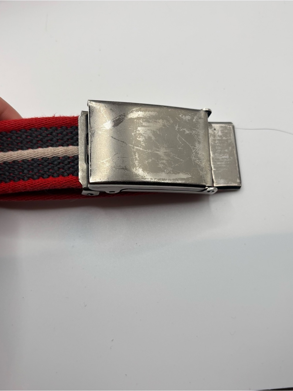 Vintage navy, red, and white striped web belt with metal gunmetal buckle - Picture 3 of 4